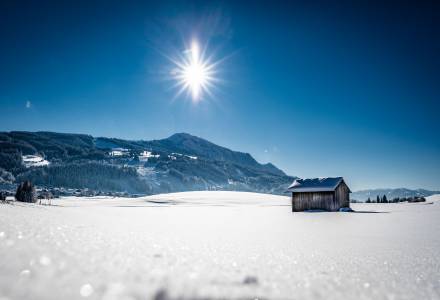 Winter Hütte Schnee Berge Panorama