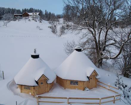 Sweat lodge and outdoor sauna in winter