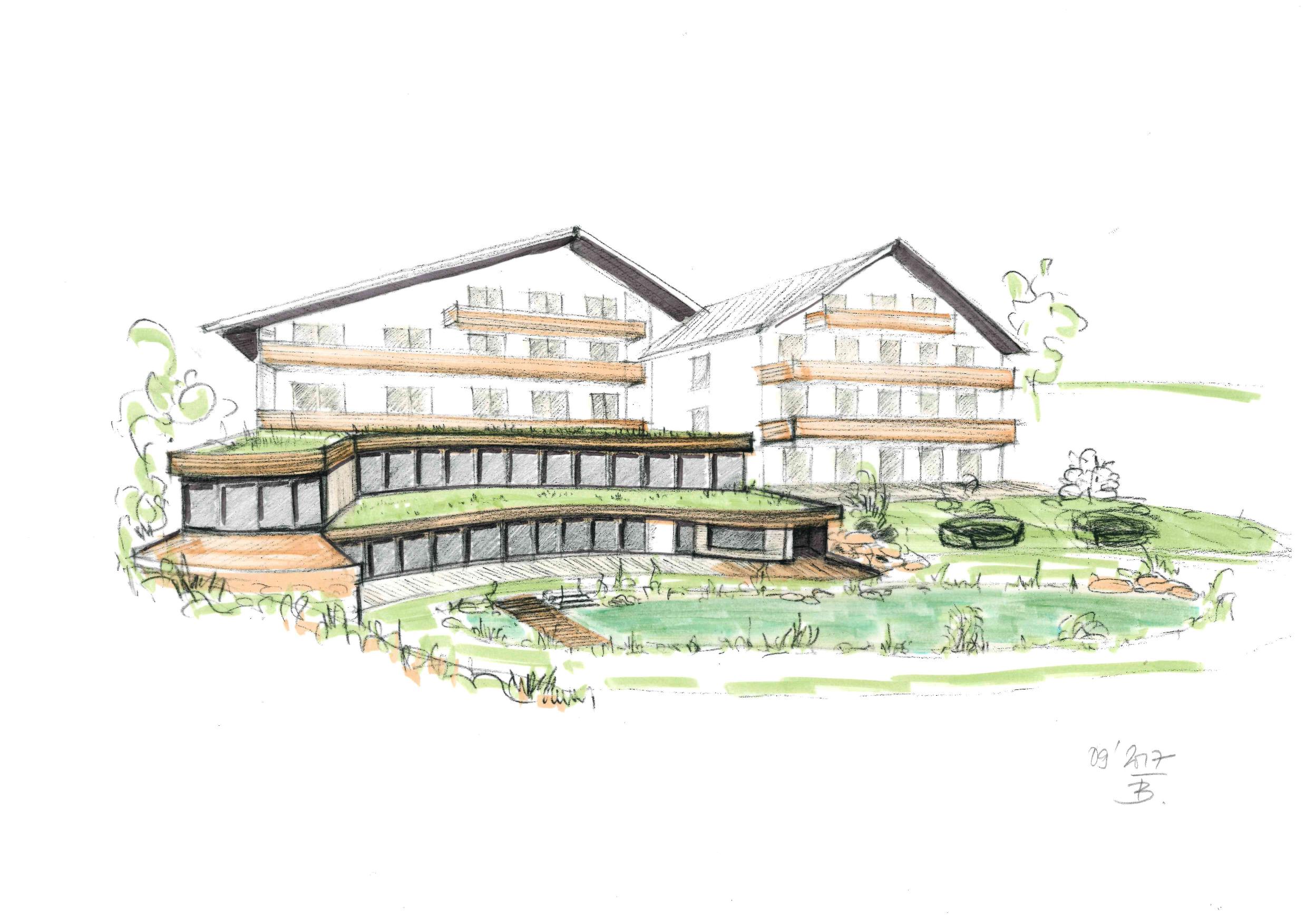 Eine Skizze, die das neue Garten-Spa im Biohotel Eggersberger mit einem Natur-Schwimm-Pool darstellt